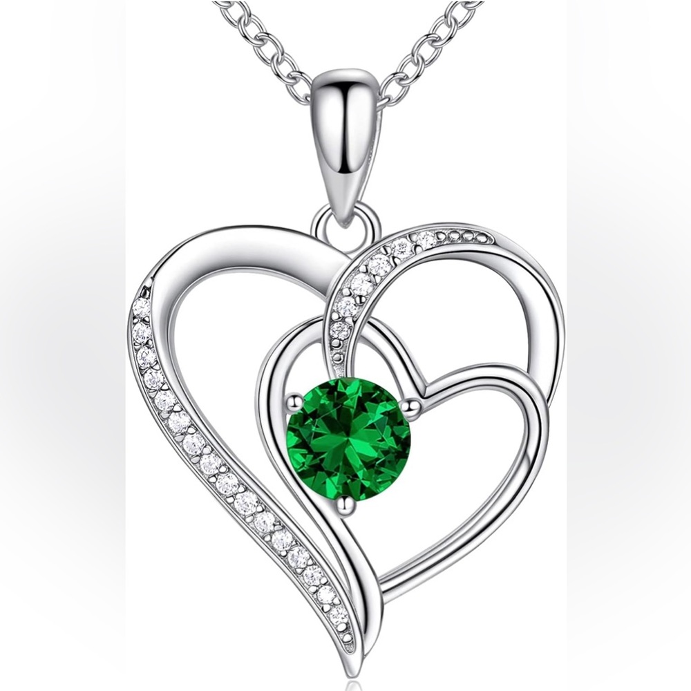 Heart Necklace - 18” 925 Silver with Green May Gemstone Birthstone 💚